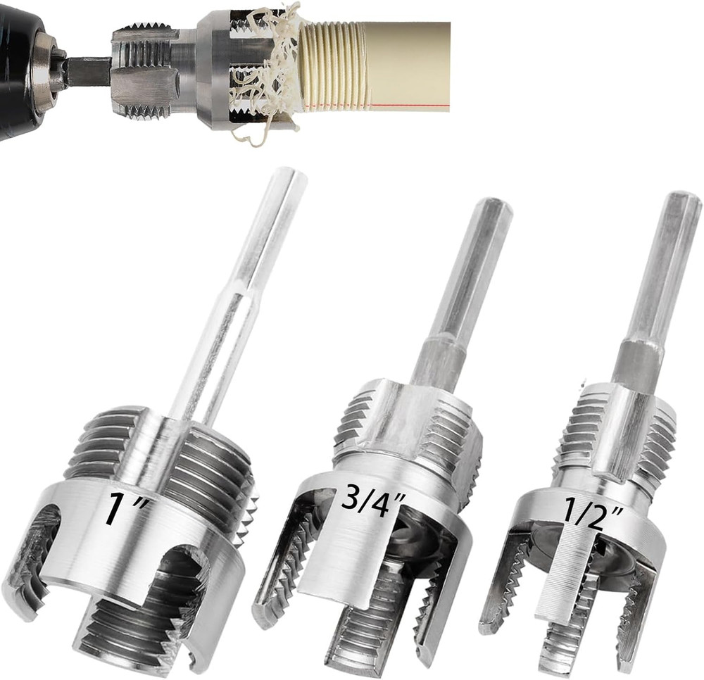 PVC Pipe Threader Kit 3 Piece Set 1/2 3/4 1 NPT Sizes Dual-Function Intern
