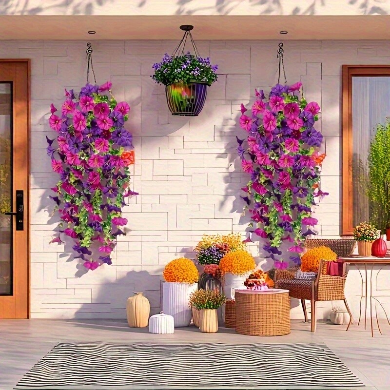 4PCS Artificial Morning Glory Vines UV Resistant Hanging Flowers Outdoor Decor