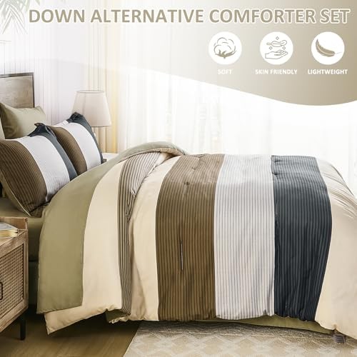 7 Pieces Striped Size Comforter Set, Soft Microfiber Down King Brown-beige