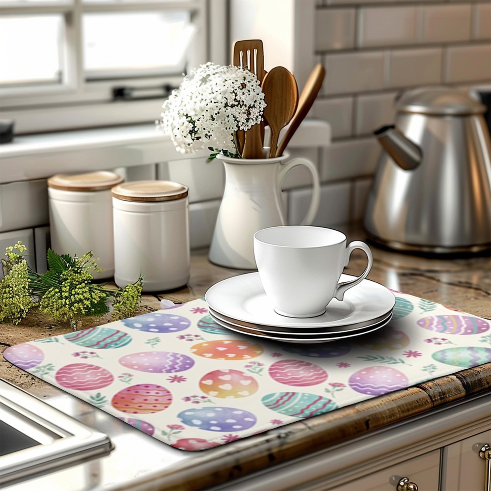Easter Dish Drying Mat for Kitchen Counter Easter Spring Colorful Eggs Floral...