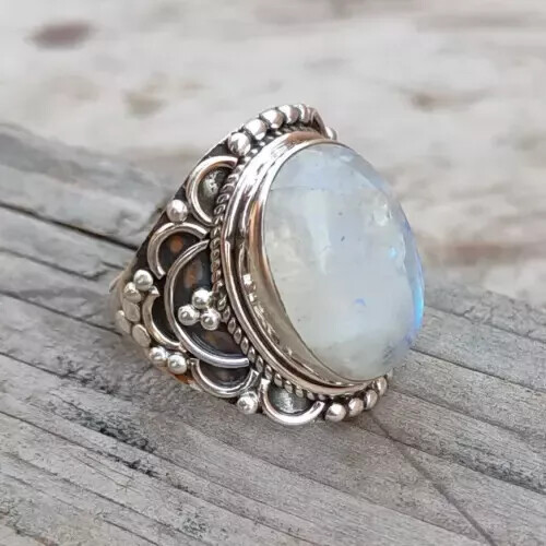 Rainbow Moonstone 925 Sterling Silver Handmade Statement  Ring All Size R224