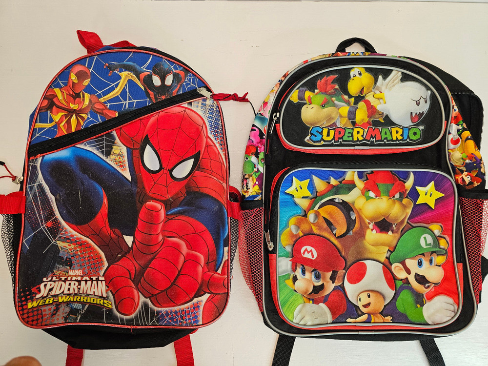 Marvel Ultimate Spiderman & Super Mario Backpacks 16" VGC