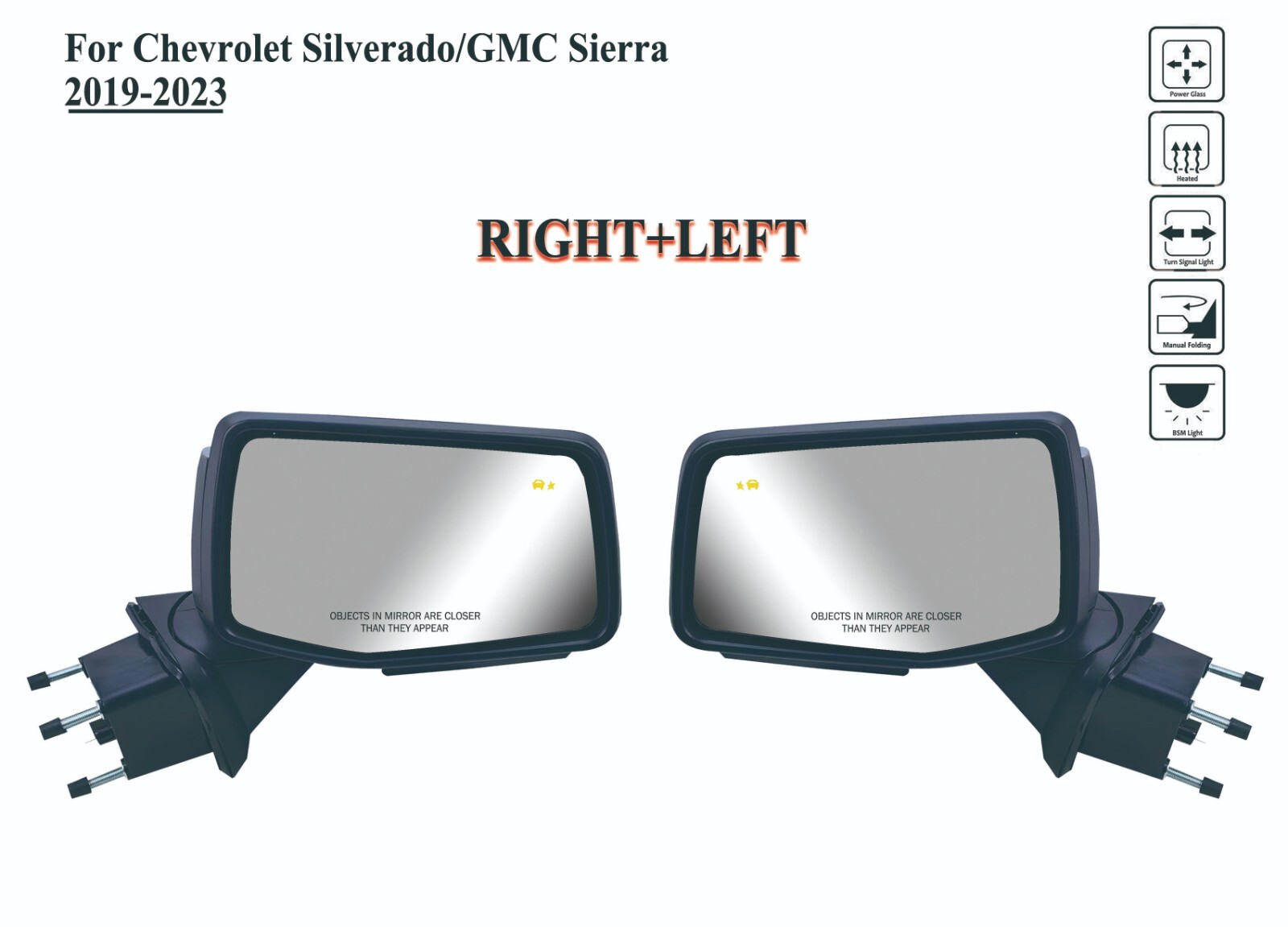 Pair Left+Right Side Door Mirror Power and Light for 19-24 Chevy Silverado 1500