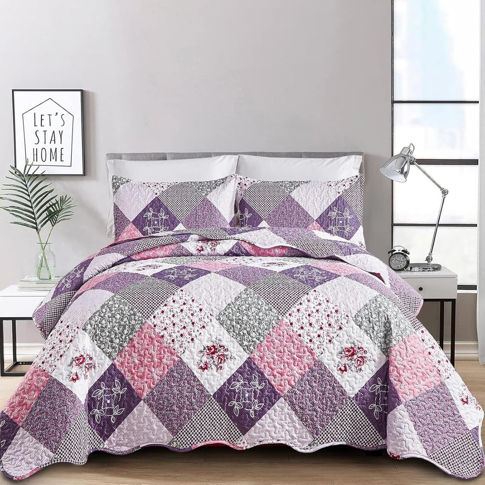 Purple Quilt Set King Size, Reversible Floral Plaid Patchwork Pattern Bedding Se
