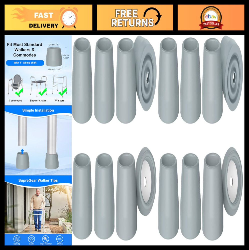 Heavy Duty Rubber Walker Tips - 8 Pcs 1" Replacement Feet for Walkers, Commodes