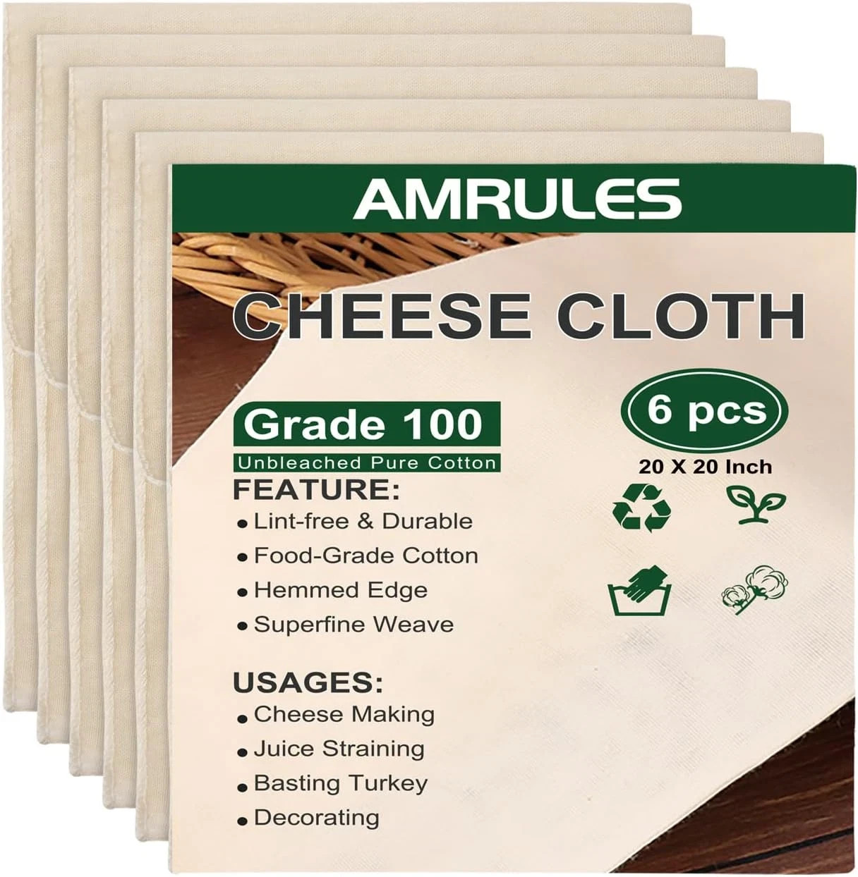 Cheese Cloths for Straining, 6PCS 20X20 Inch Grade 100 Cheese Cloth, Reusable Wa