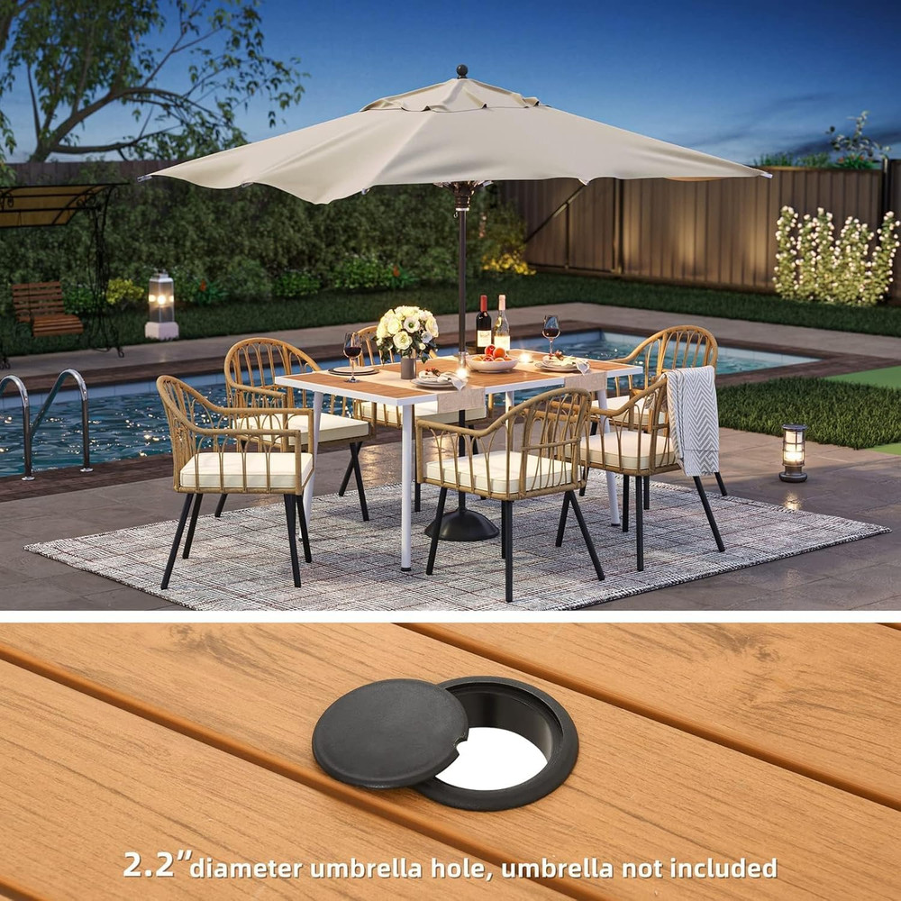 Patio Table Rectangle 59" for 6 Outdoor Table with Umbrella Hole & Adjustable Fe