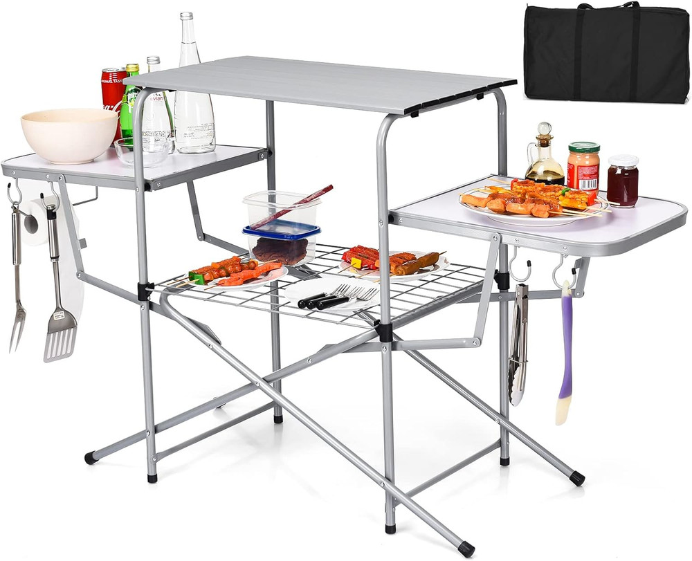 Folding Grill Table with 26'' Main Tabletop, Portable Aluminum Camping Table, Ca