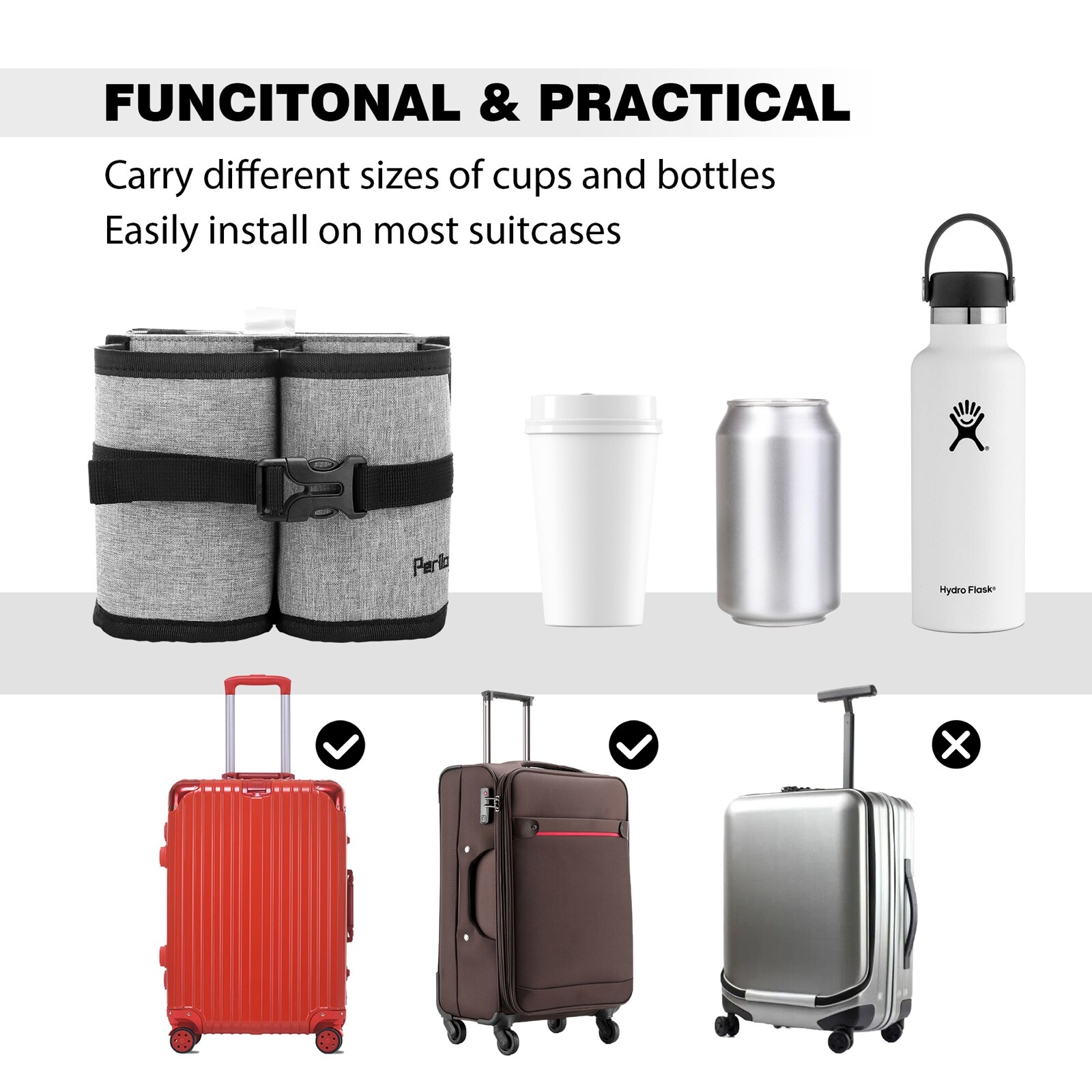 Travel Luggage Cup Holder For Hands Free Traveling. Fits Cups, Mugs, Bottles.
