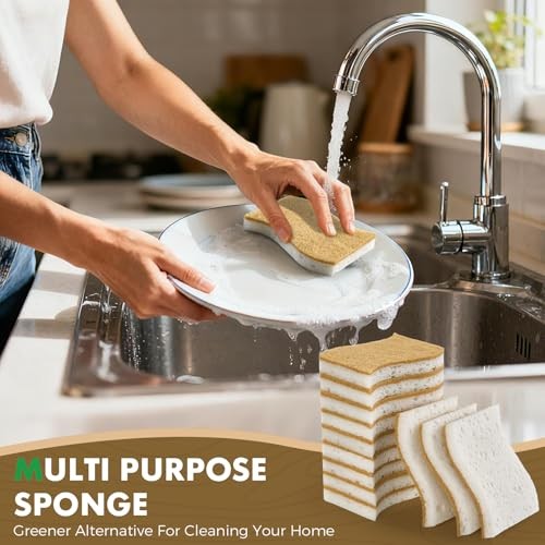 12 Pack Natural Biodegradable Kitchen Non Scratch Sponges,Compostable Plant