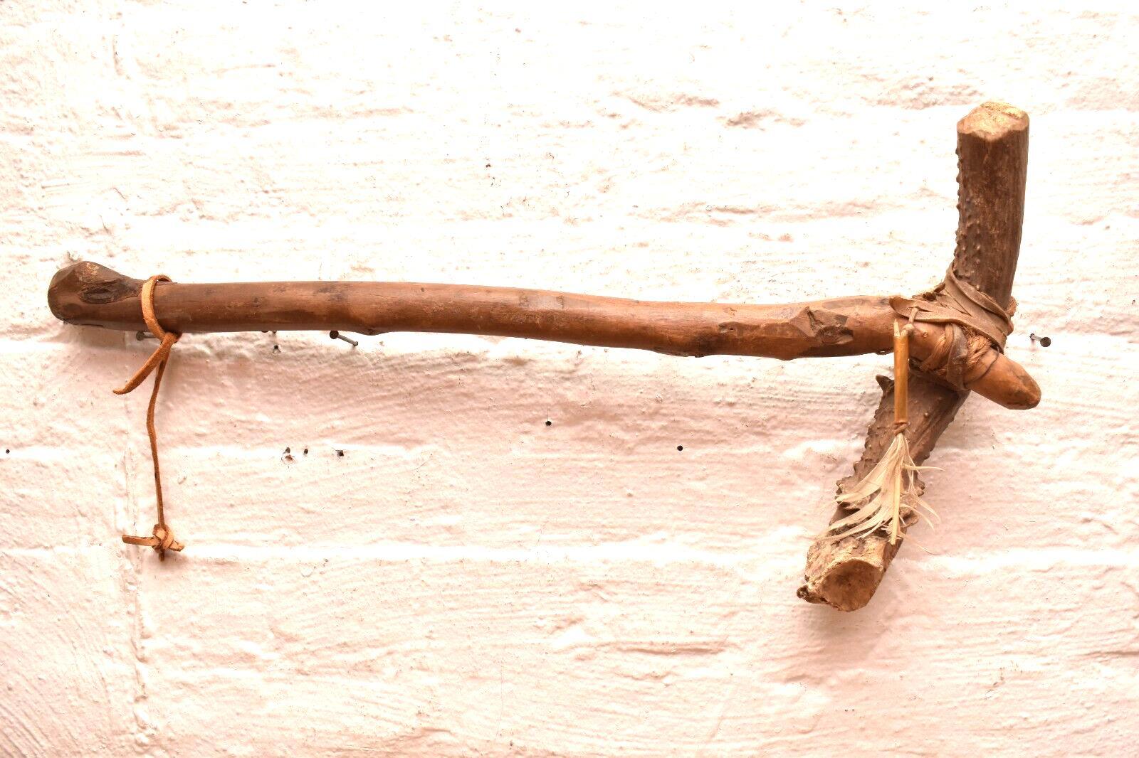 Antique Native American Indian Plains carved Wood W ANTLER war club Axe Tomahaw