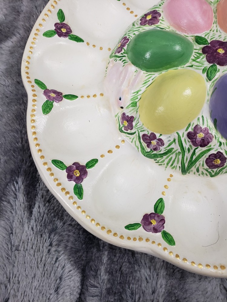 Vintage Deviled Egg Spring Easter Bunnies Flowers Plate Platter Ceramic