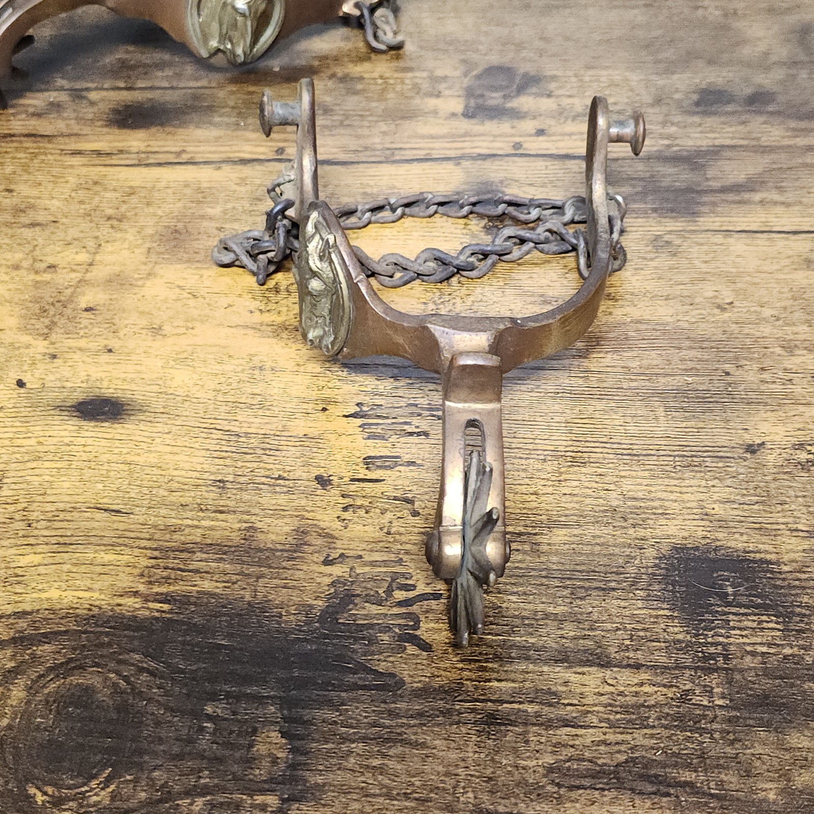 Antique Horse Head Western Spurs Star Mark August Buermann Era Bronze Toned