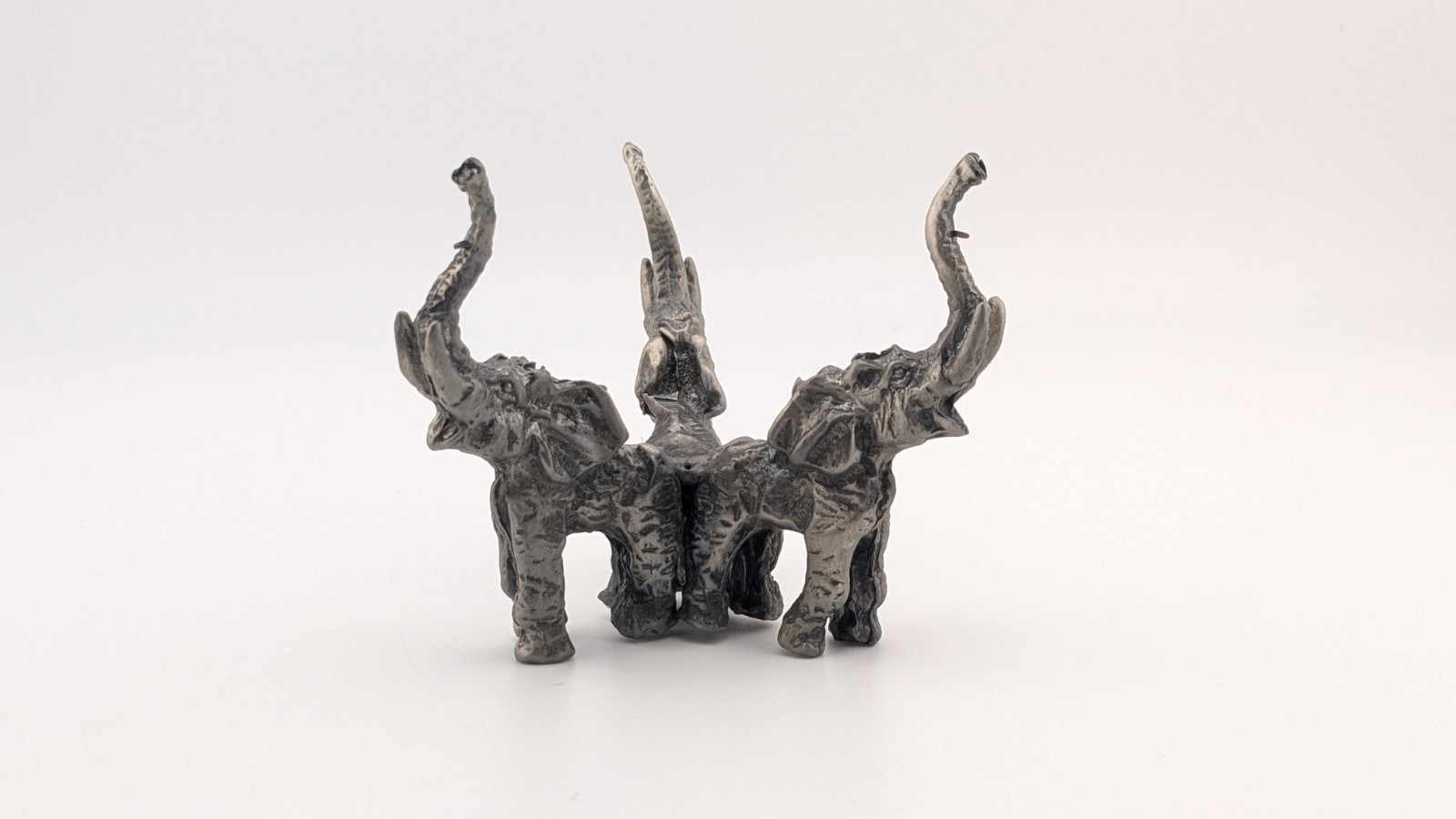 Vintage Metal Elephant Statue Figurine Three Elephants Trunk Raised Up Good Luck