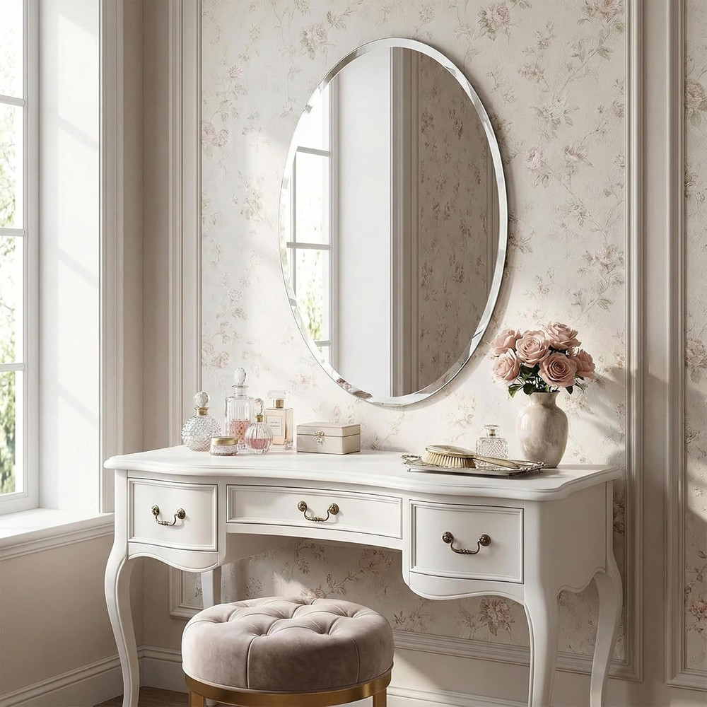20"X28" Frameless Oval Bathroom Mirror, Beveled Vanity Mirror with Solid Backing