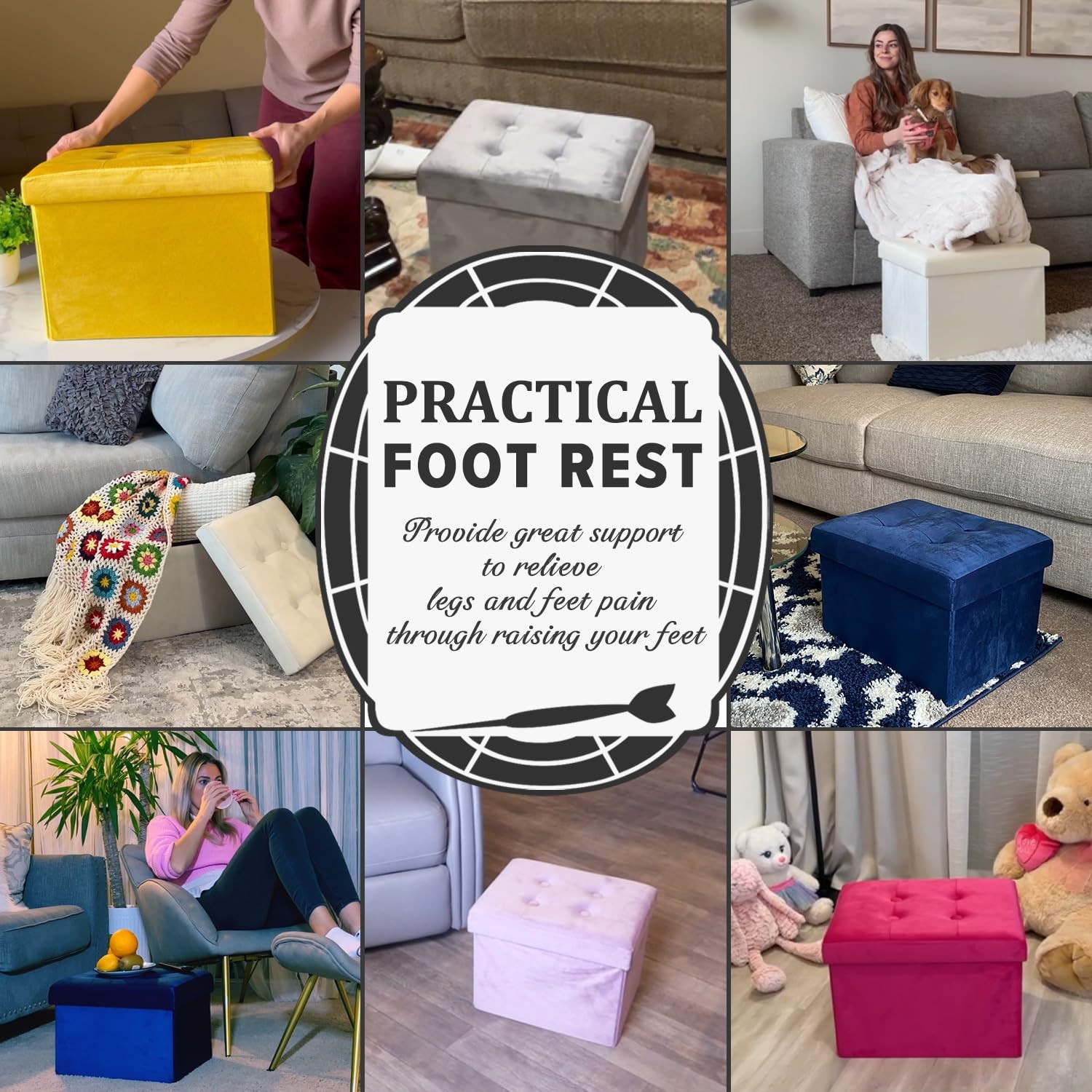 Storage Ottoman Folding Foot Stool Velvet Foot Rest with Padded Modern Ottoma...