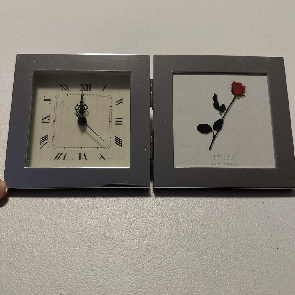 Mirrored Hinged Table Mantel Clock Photo Frame Working No Battery