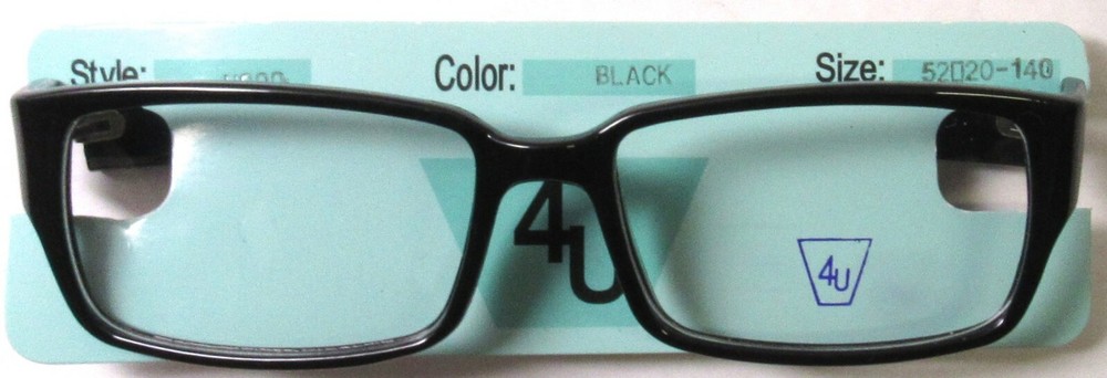 4U U200 Rectangle Eyeglass/Glasses Frames 52-20-140 Black >NEW