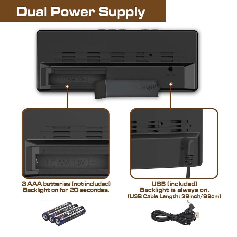 Small Digital Alarm Clock Mirror LED Display Adjustable Brightness Black Case