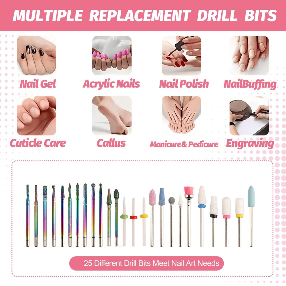 25Pcs Nail Drill Bits Set with Storage Box, 3/32 Inch Tungsten Ceramic Diamond C