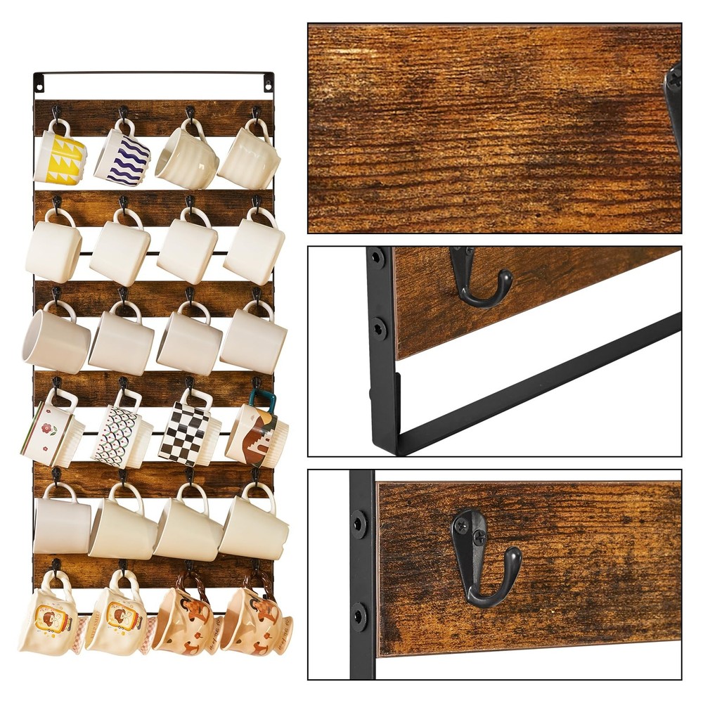 3 Set 24-Hook Wall Mounted Coffee Mug Holder Rustic Wood Rack for Kitchen