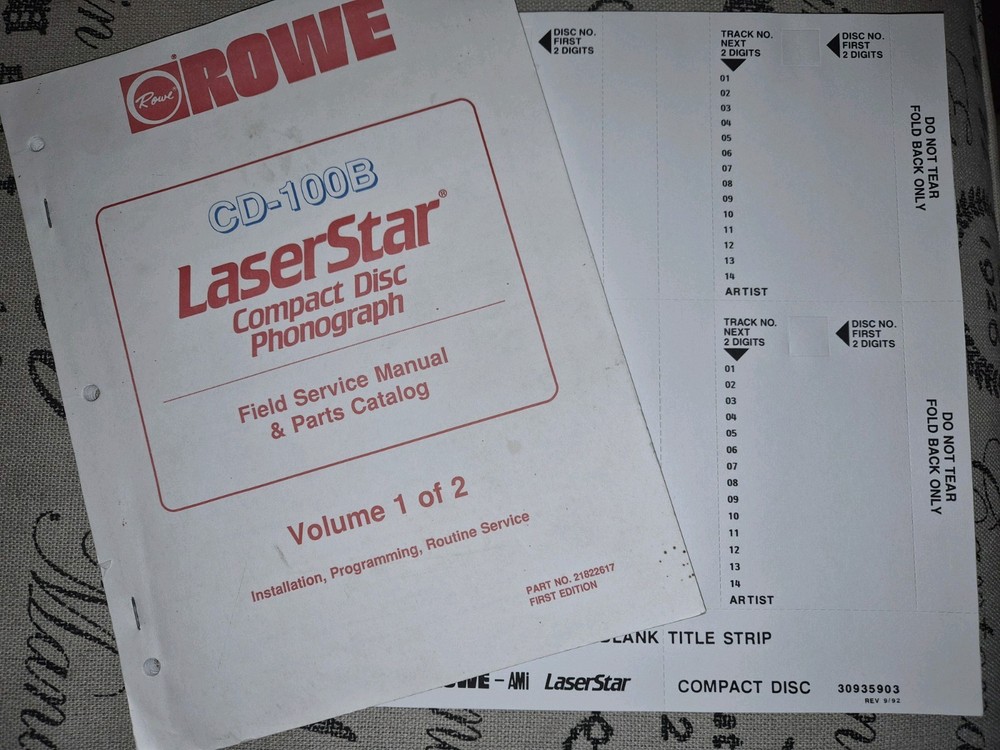 Rowe Laserstar CD-100B Manual + Blank Title Strips Cd100b Cd 100b Jukebox