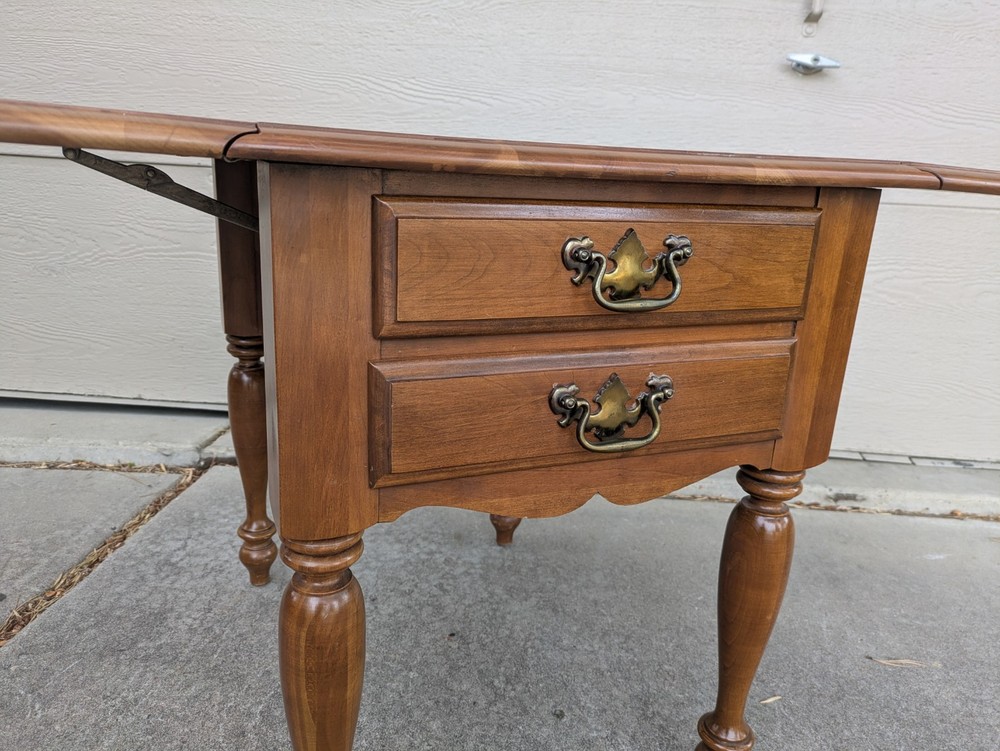 Vintage Rustic Country Colonial Solid Cherry Wood Drop Leaf 2-Drawer End Table A