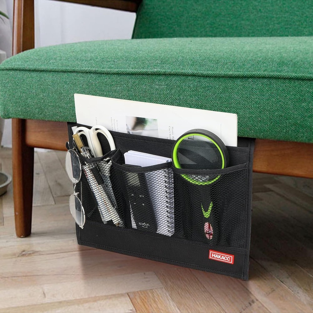 Functional Bedside Caddy in Black Linen - Perfect for Remote & Gadgets