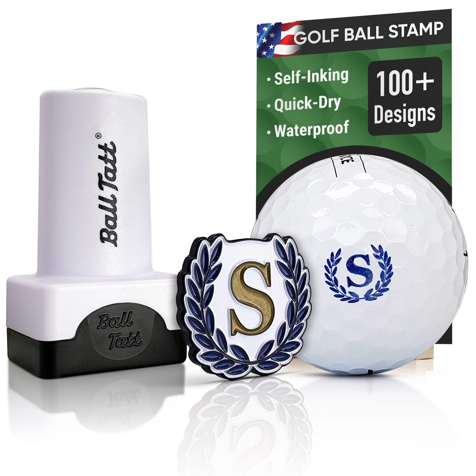 Ball Tatt - S Initial Golf Ball Stamp, Self-Inking w/ Monogram Ball Marker -Blue