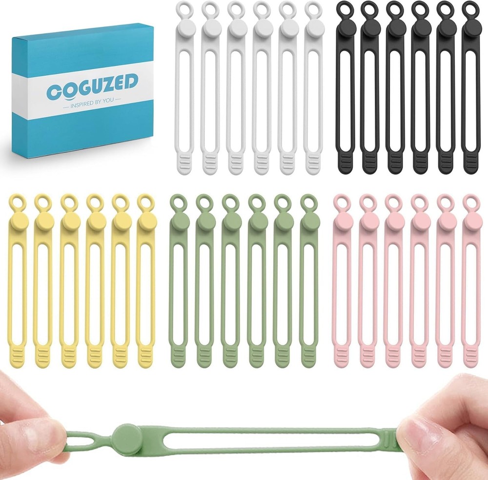 CoguZed 30Pcs Reusable Silicone Cable Ties, 5 Colors