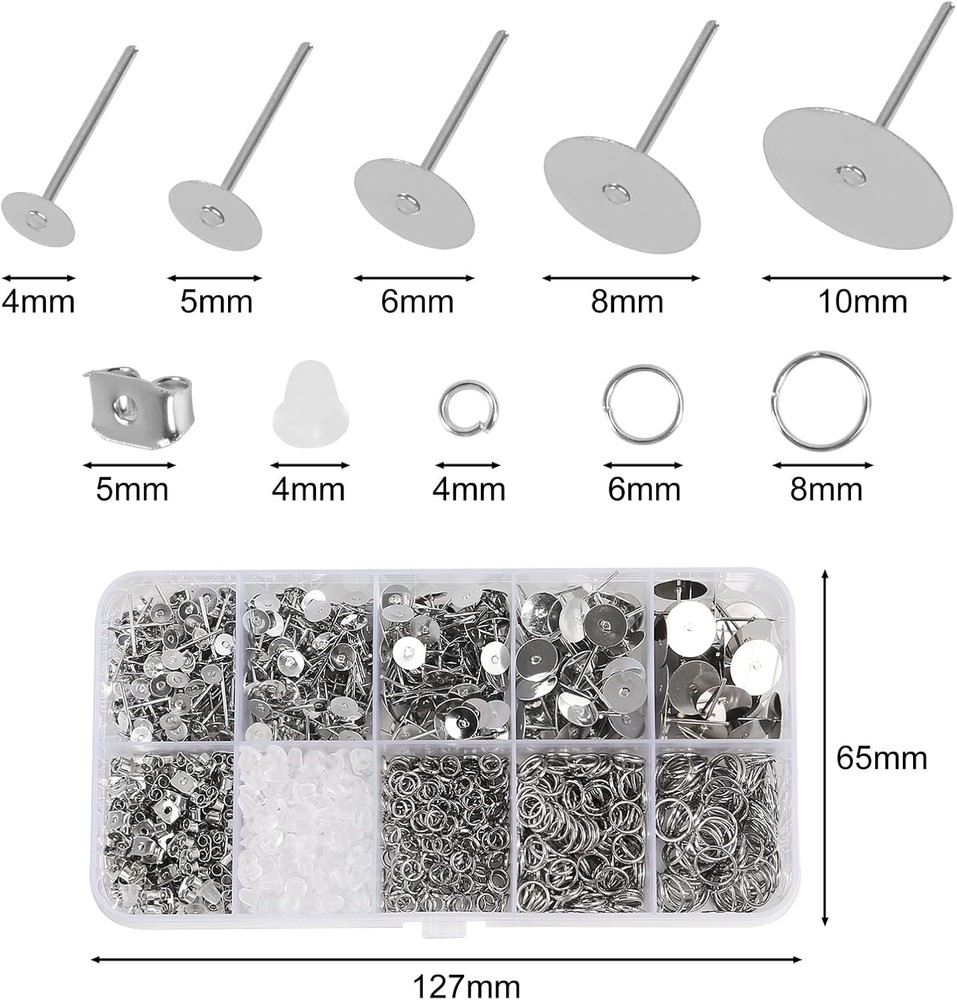 1650Pcs Earring Posts and Backs Jump Rings Kit Small,
