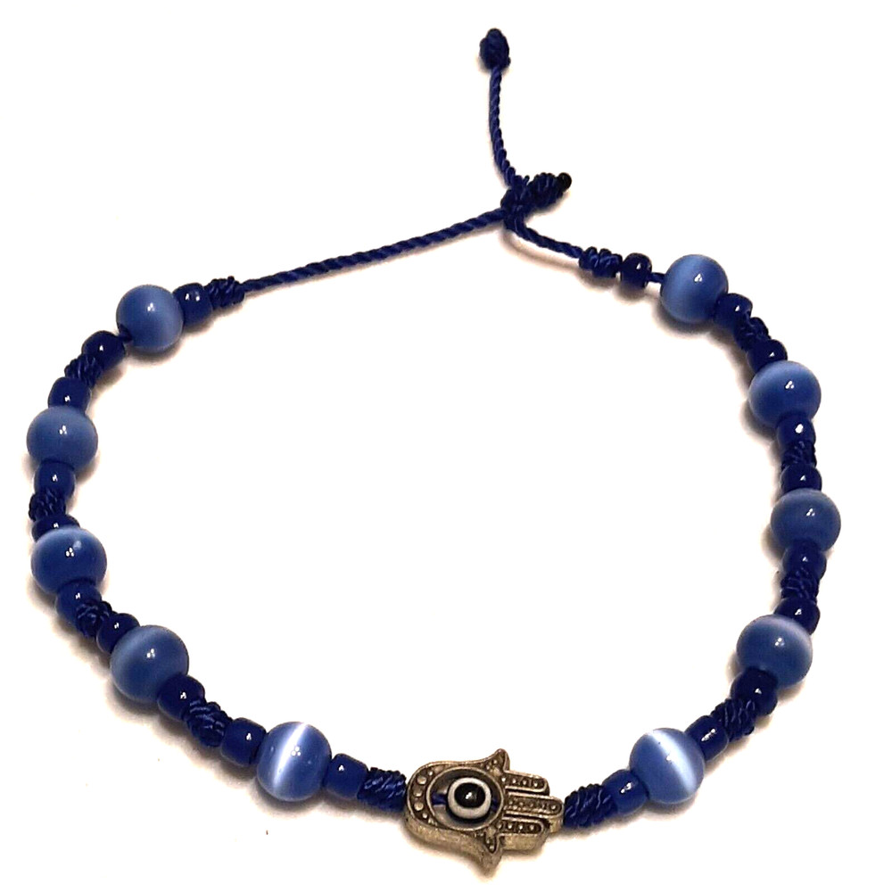 Hamsa Hand bracelet with Blue Cat Eye beads and Black string