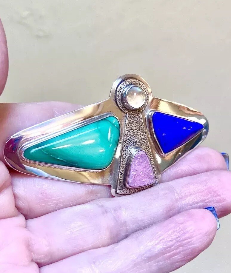 LOVELY Designer Signed Sterling Silver Lapis, Pink Druzy, Moonstone Angel Brooch