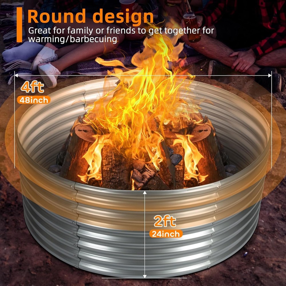 48 inch Fire Pit Ring 4x4x2FT Galvanized Fire Ring Wood Burning Fire Pits Ring