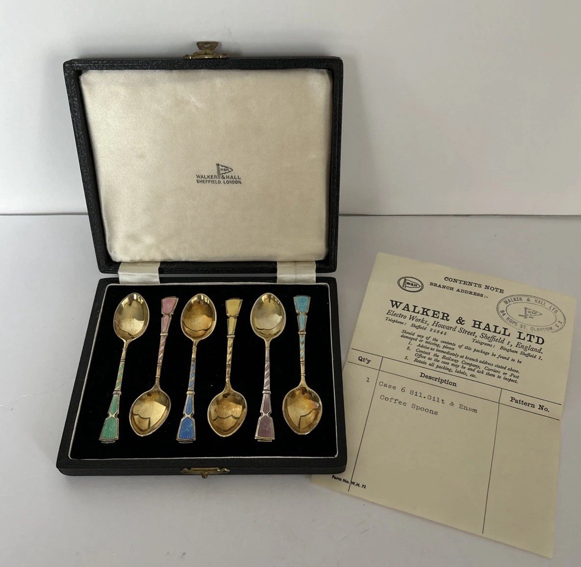 Vintage Walker & Hall Set Of 6 Silver Gilt And Enamel Coffee Spoons - England