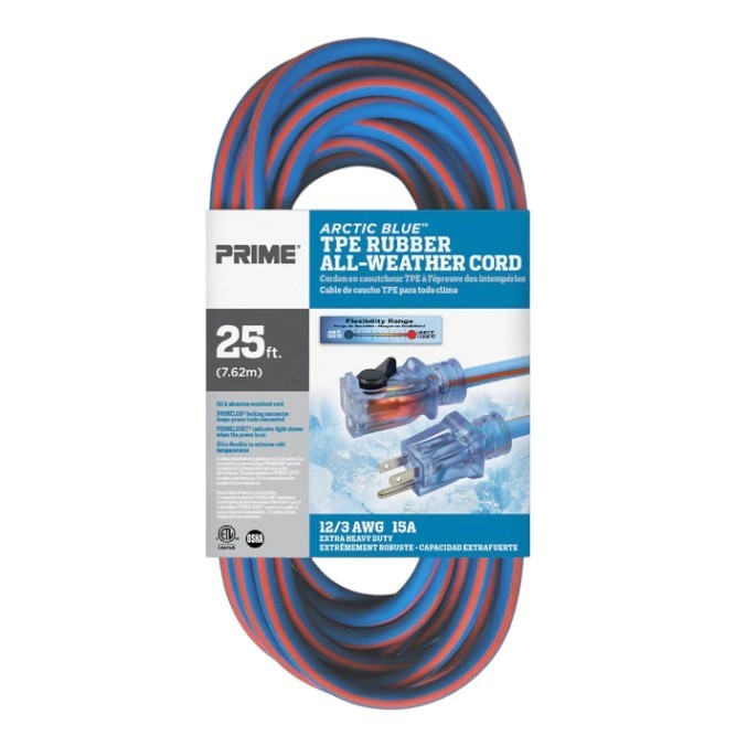 Extension Cord 25FT Prime All-Weather 12/3 Lighted Ends Flexible Cold LT530825