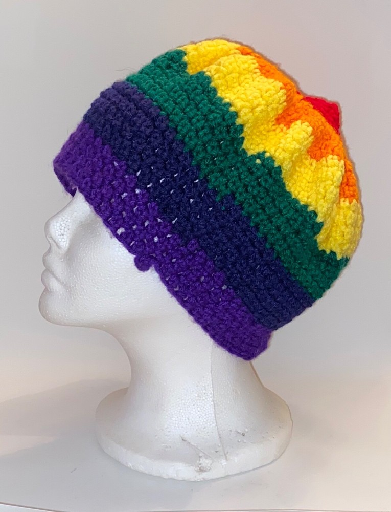 Rainbow Hand Knitted Crocheted Hat Cap Unisex Multi Colored