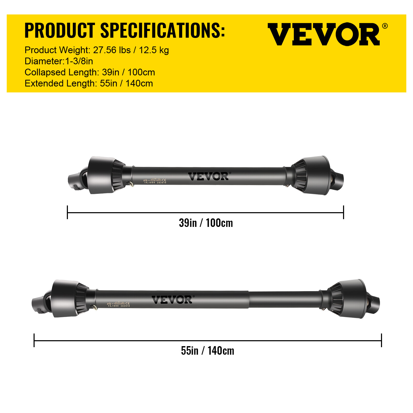 VEVOR PTO Shaft PTO Driveshaft for Tractor 1-3/8" Spline/Round Ends 39-55" Black