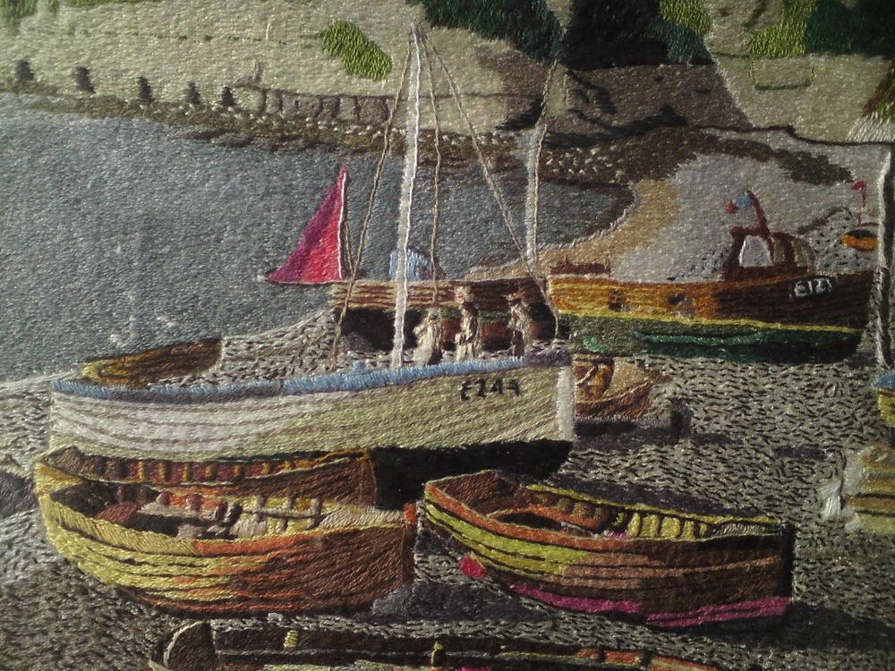 Framed Embroidery Needlework / Wool-work Picture - Beer Harbour, Seaton Devon