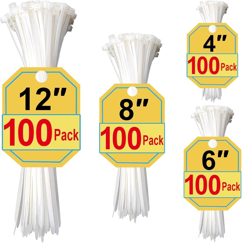 White Zip Ties Assorted 4-12" 400 Pack