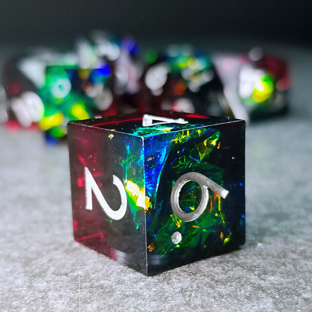 Sage's Enchanted Crystals Red/Green Sharp Edge Silver Ink Resin Dice Set