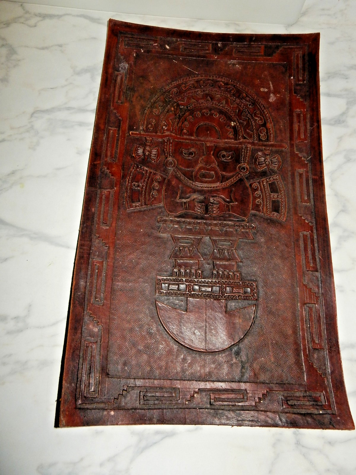 Vintage Peru Peruvian Tooled Leather Tumi Mayan Inca 11"X19"