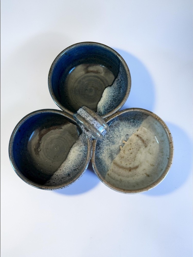 Handmade Pottery Divided Condiment Serving Dish Rustic Bowl Blue Glaze