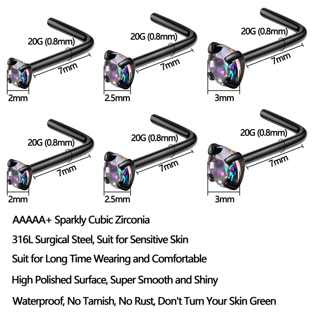 Fzroezz 6Pcs Nose Studs Piercings Rings Stud Black