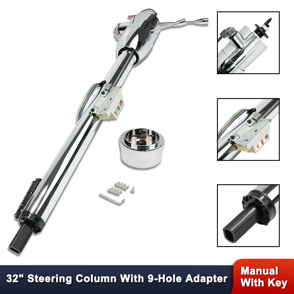 Chrome 32" Floor Shift Tilt Manual Steering Column with Ignition Key & Adapter