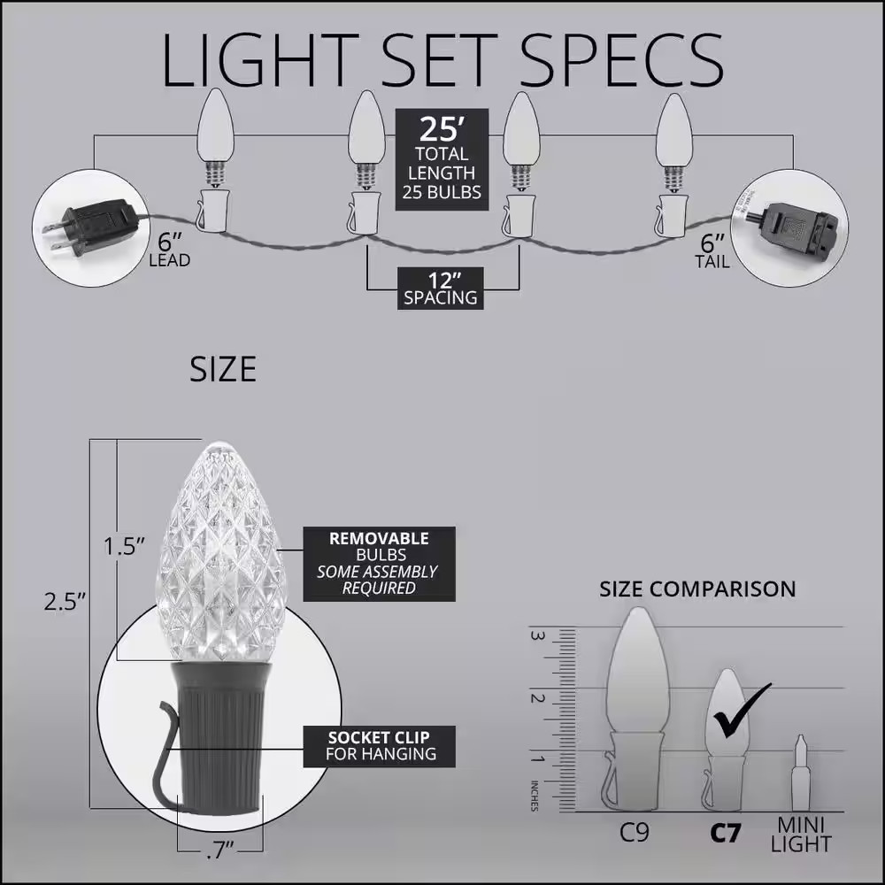 Opticore 24 Ft. 25-Light LED Cool White Faceted C7 String Light Set