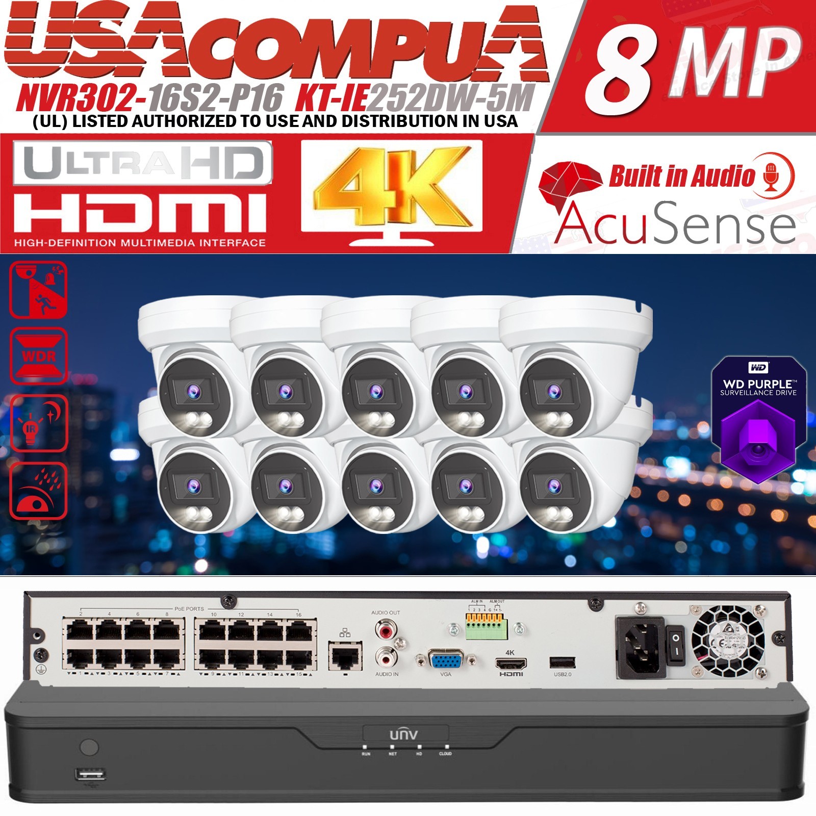UNIVIEW 16ch 4K NVR NDAA Network Uniview 10x5MP Audio IP Camera Security Kit
