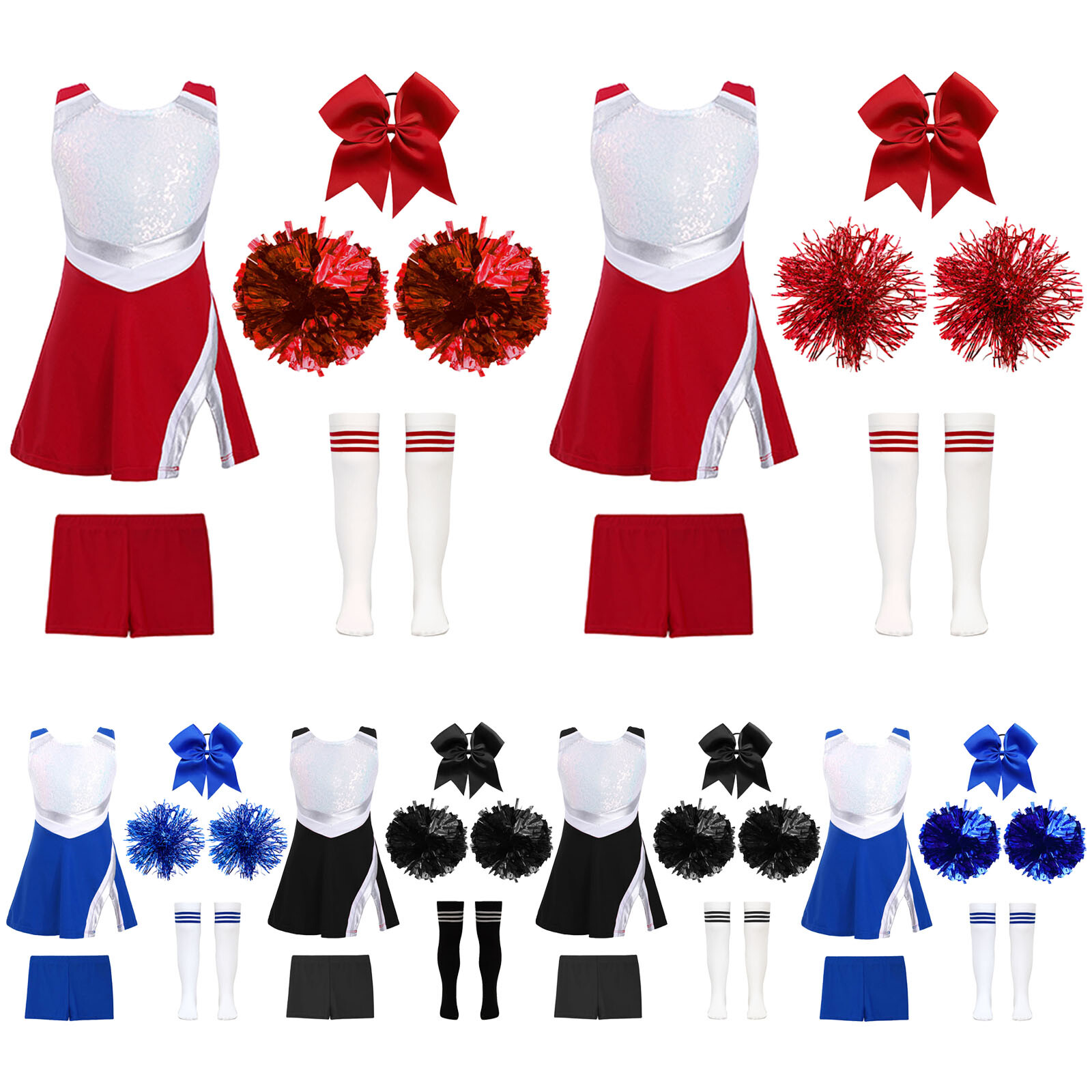 Kids Girls Cheer Leader Costumes Sequins Uniforms Shiny Cheerleading Outfits