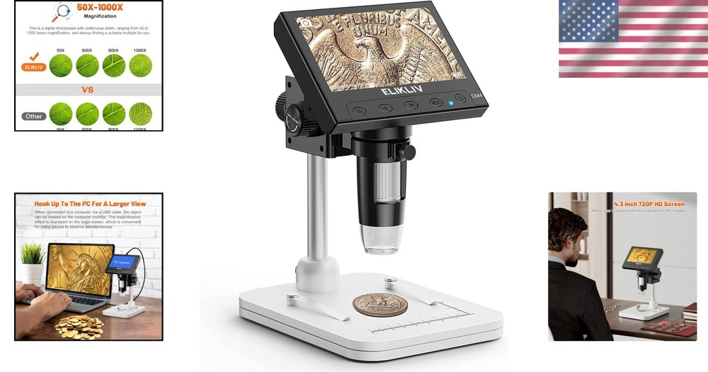 Coin Microscope 1000x 8 LED 4.3 Inch Height Adjustable Stand