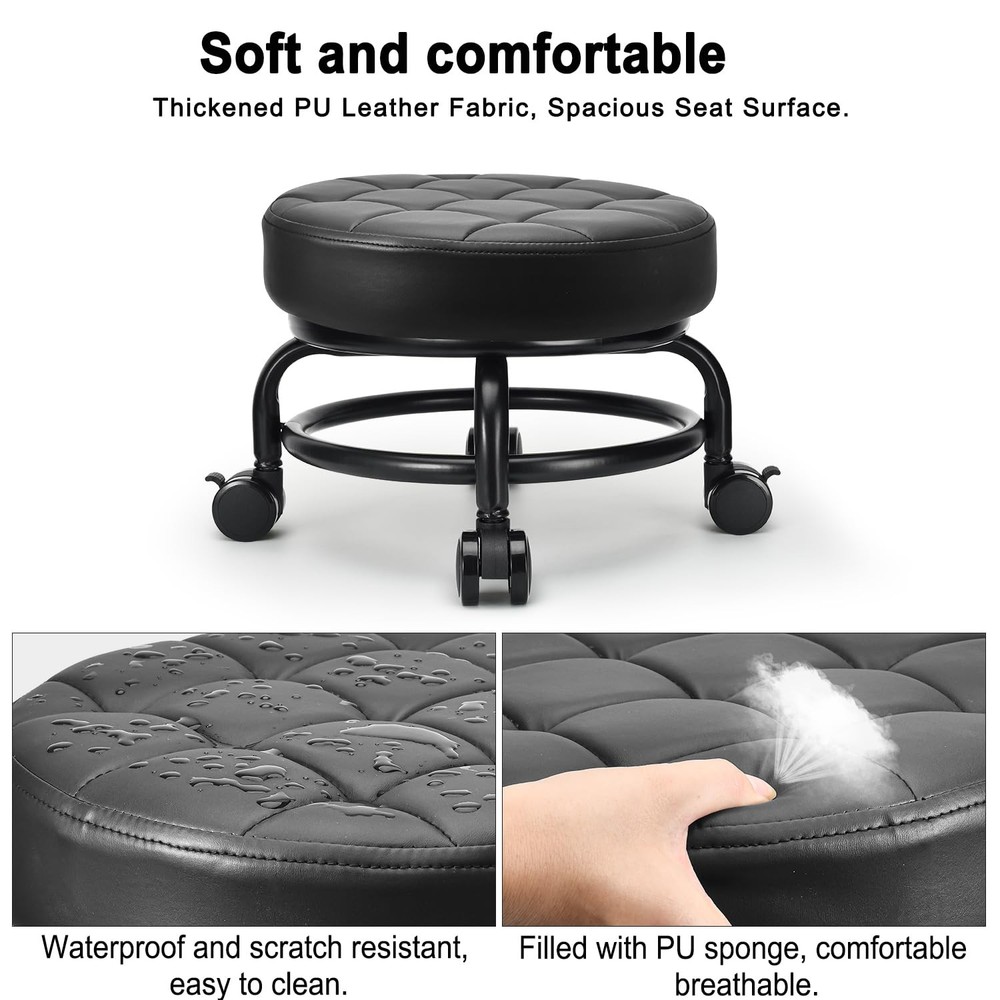 Low Roller Seat Low Height Rolling Stool PU Leather Rolling Stool, Style 3